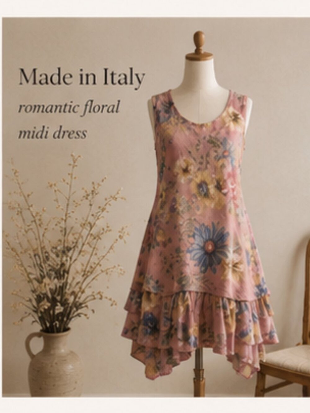 Made in Italy Romantic Floral Midi Dress | Cottage Garden Linen Blend Style